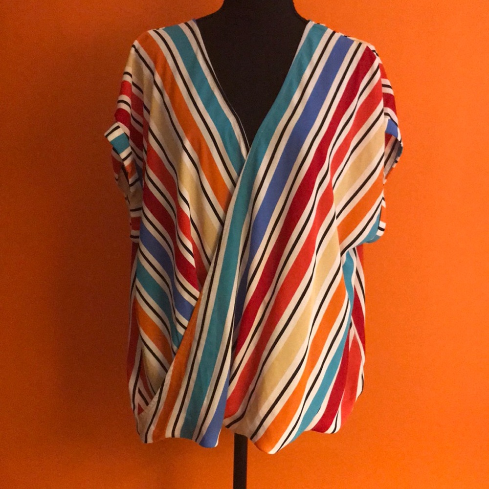 Striking V Neck Overlap Loose Spring Summer Striped Top Blouse Shirt Beach Large